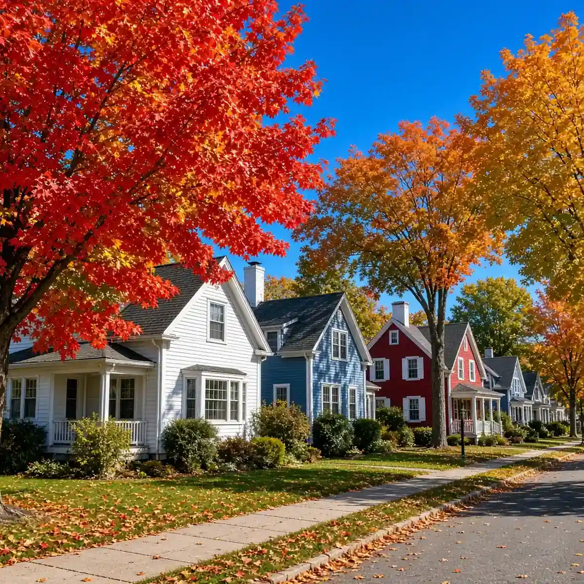 Residential street of New England homes served around Plainville, CT.