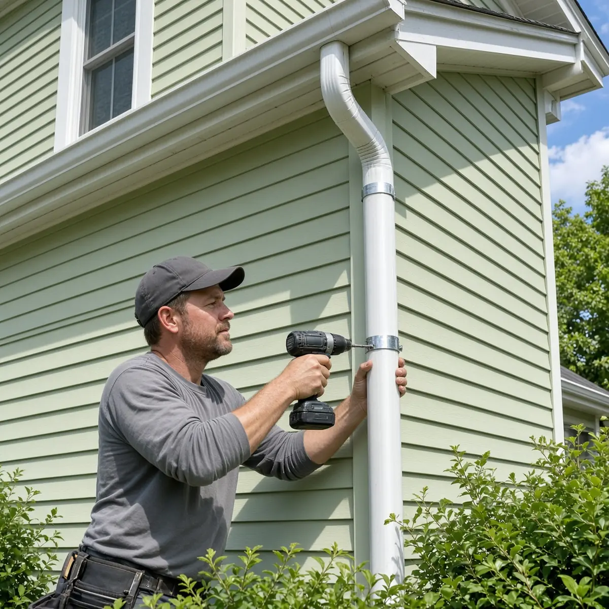 Installer securing a downspout to the wall of a Plainville home.