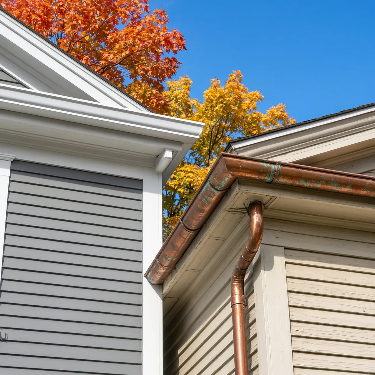 Aluminum gutter and copper gutter on New England homes.