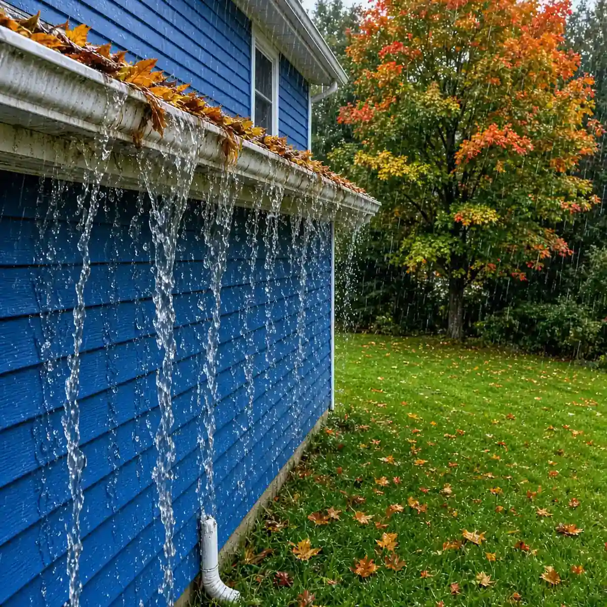 Water overflowing a failing gutter — a sign of needing new gutters.
