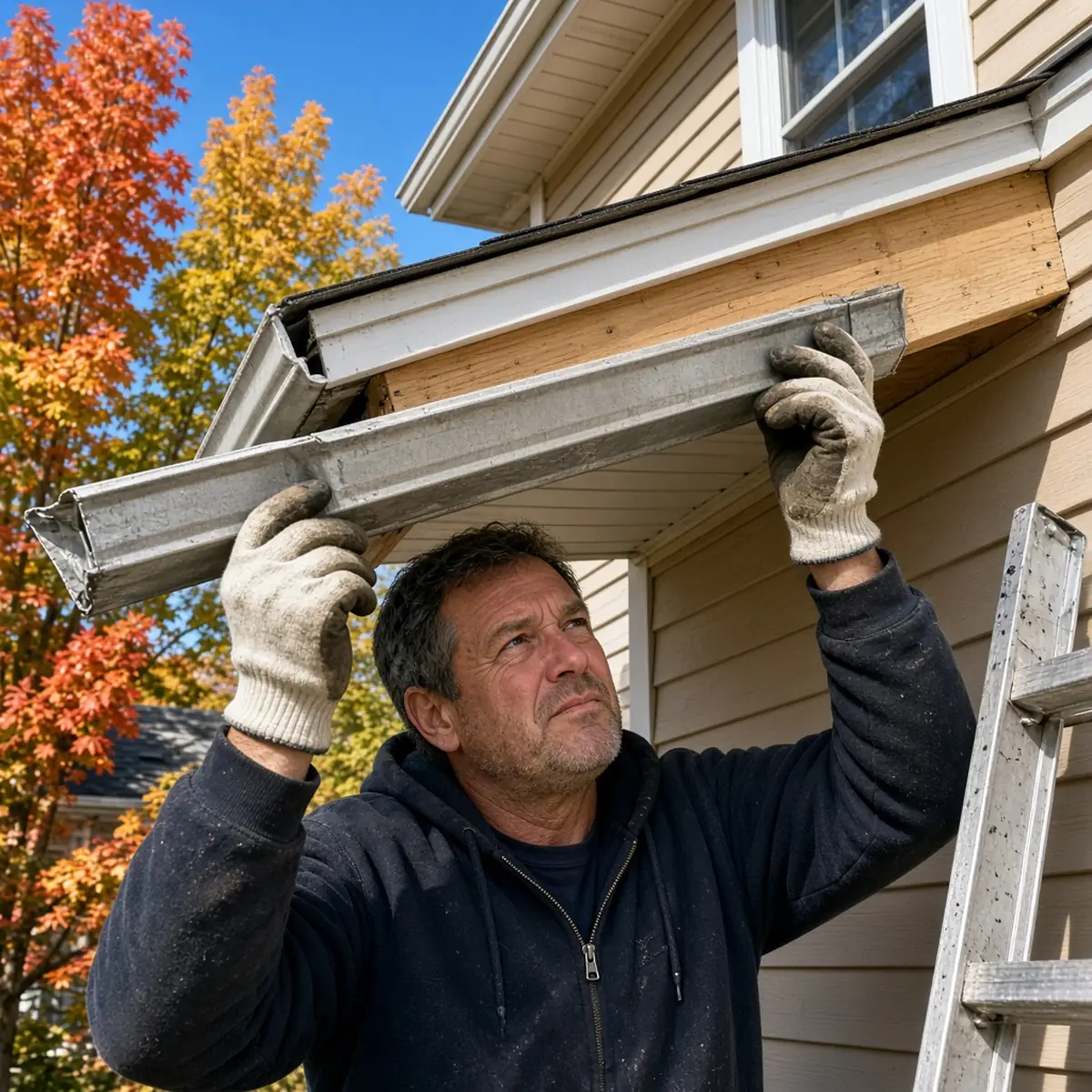 Installer removing old gutters during a replacement on a Plainville home.