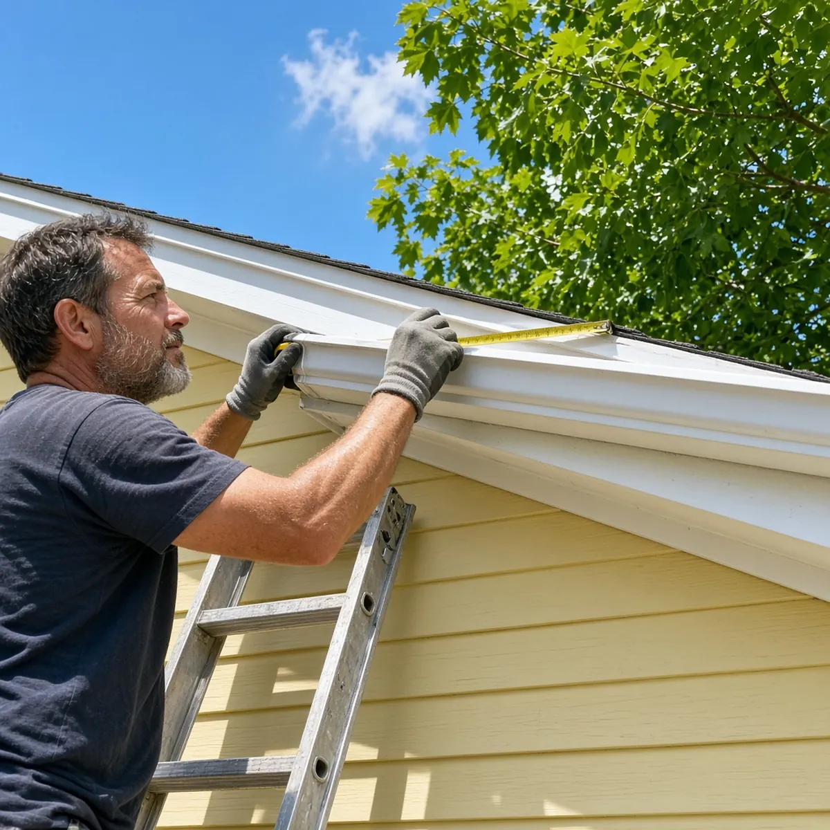 Installer measuring the roofline before seamless gutter installation.